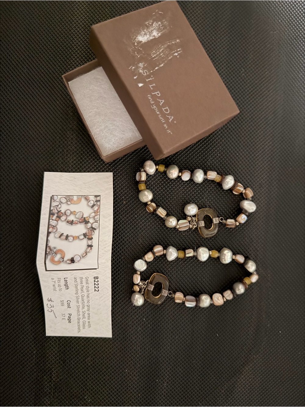 Silpada Brown, Gold and White Pearl Stretch Bracelet Set